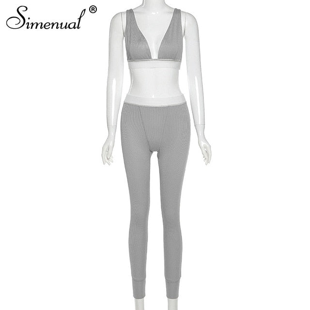 Simenual Sporty Casual Workout Two Piece Set Women V Neck Backless Tank Top And Pants Sets Sleeveless Street Style Active Wear