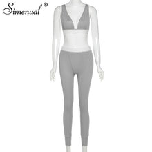 Simenual Sporty Casual Workout Two Piece Set Women V Neck Backless Tank Top And Pants Sets Sleeveless Street Style Active Wear