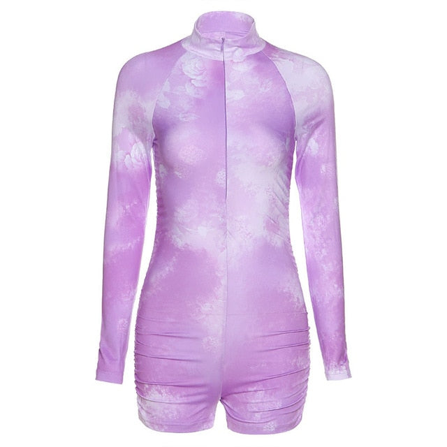 Simenual Tie Dye Ruched Casual Biker Shorts Rompers Women Long Sleeve Workout Active Wear Skinny Playsuit Fashion Bodycon 2020