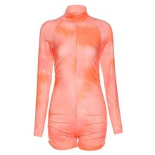 Simenual Tie Dye Ruched Casual Biker Shorts Rompers Women Long Sleeve Workout Active Wear Skinny Playsuit Fashion Bodycon 2020