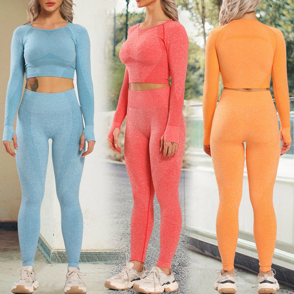 Women New Seamless Yoga Set Gym Clothing Fitness Leggings+Cropped Shirts Sport Suit Women Long Sleeve Tracksuit Active Wear