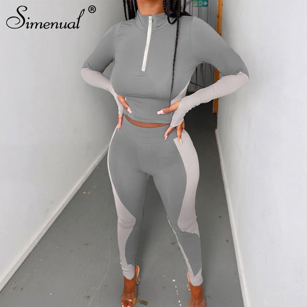 Simenual Sporty Casual Top And Pants Lounge Sets Active Wear Fitness Patchwork Long Sleeve Women Zipper Two Piece Outfits Skinny