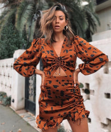 Women Summer Ruffles Cut Out Design Leopard Print Dress Elegant Fashion V-neck Ruffle Party Mini Dress Ladies Holiday Beach