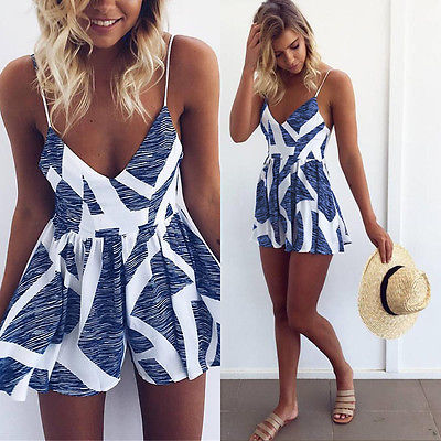 Hot Fashion Summer Sleeveless V-Neck Bodycon Romper Women Holiday Mini Sun Dress Frill Ladies Beach Print Floral Paisley